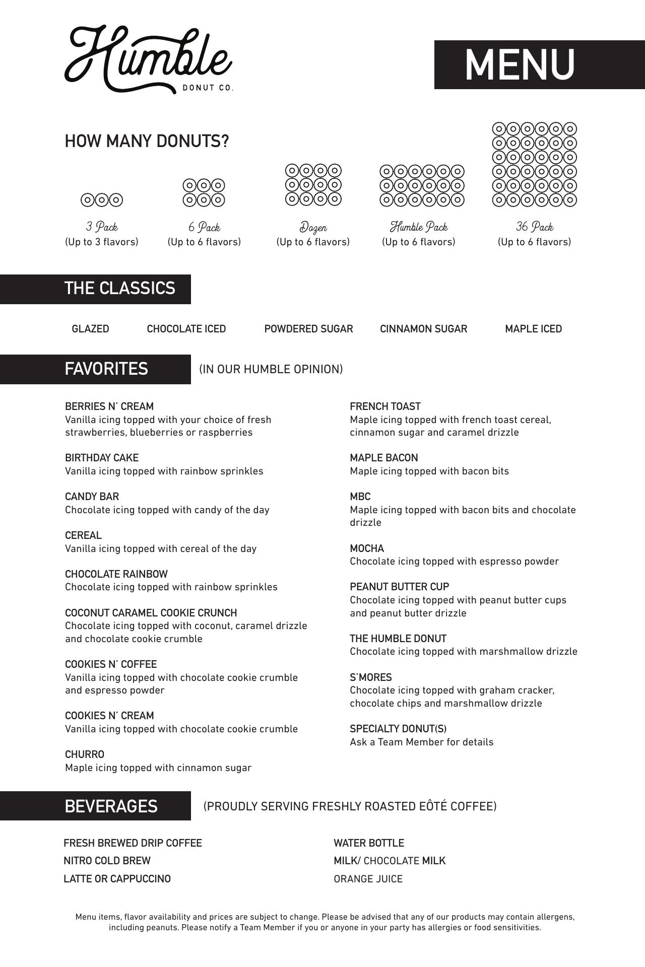 Humble Donut Co. Menu
