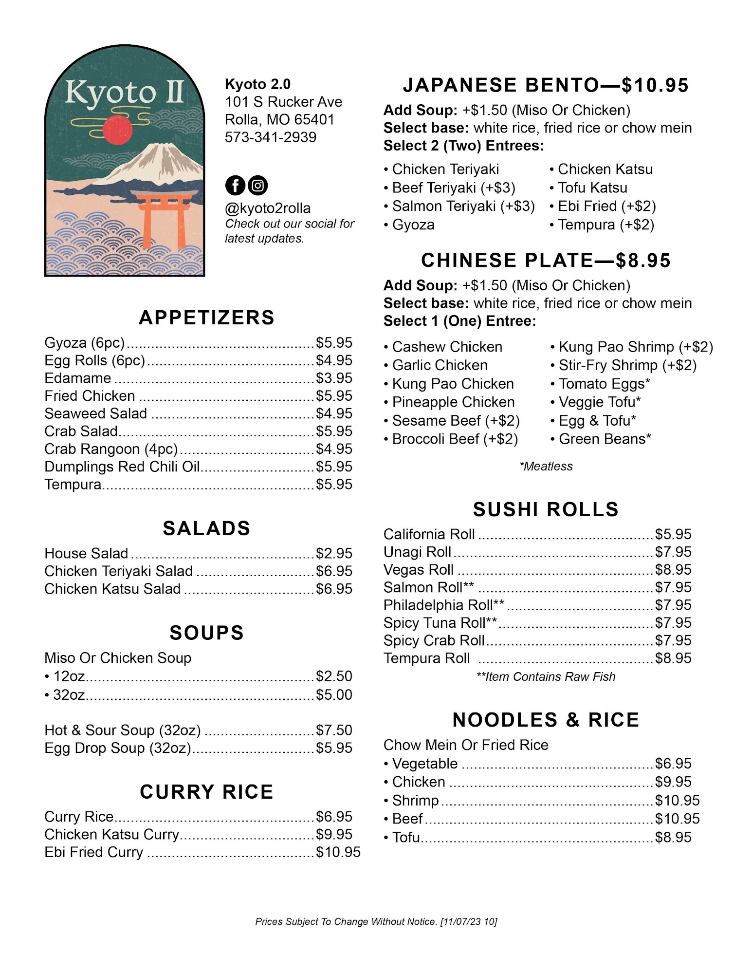Kyoto 2.0 Pan Asian Restaurant Menu