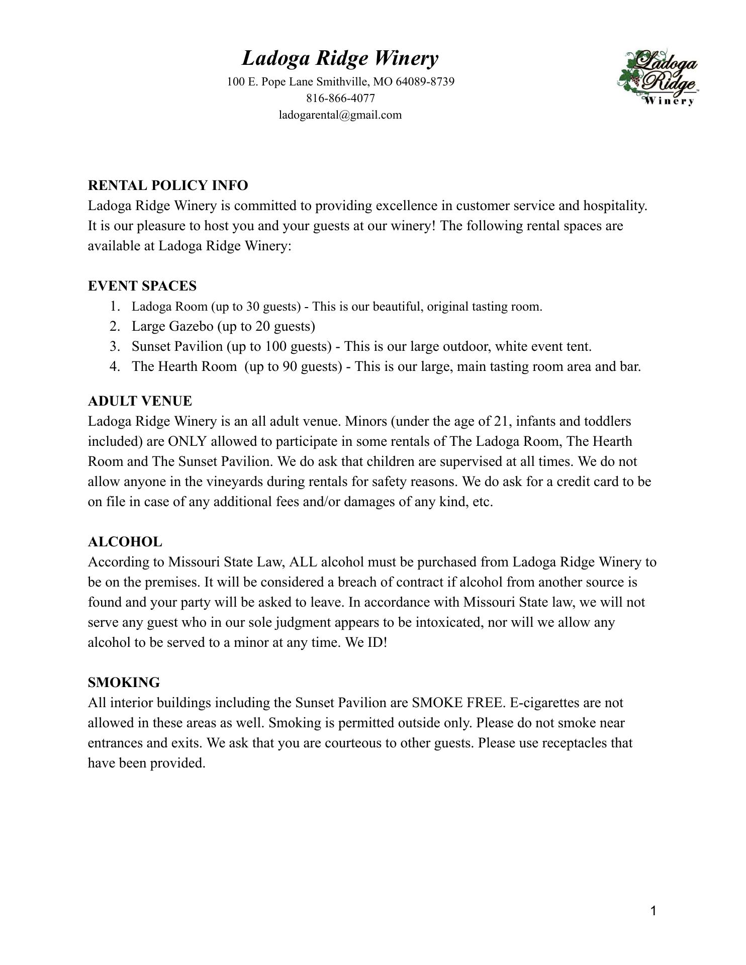 Ladoga Ridge Winery Menu