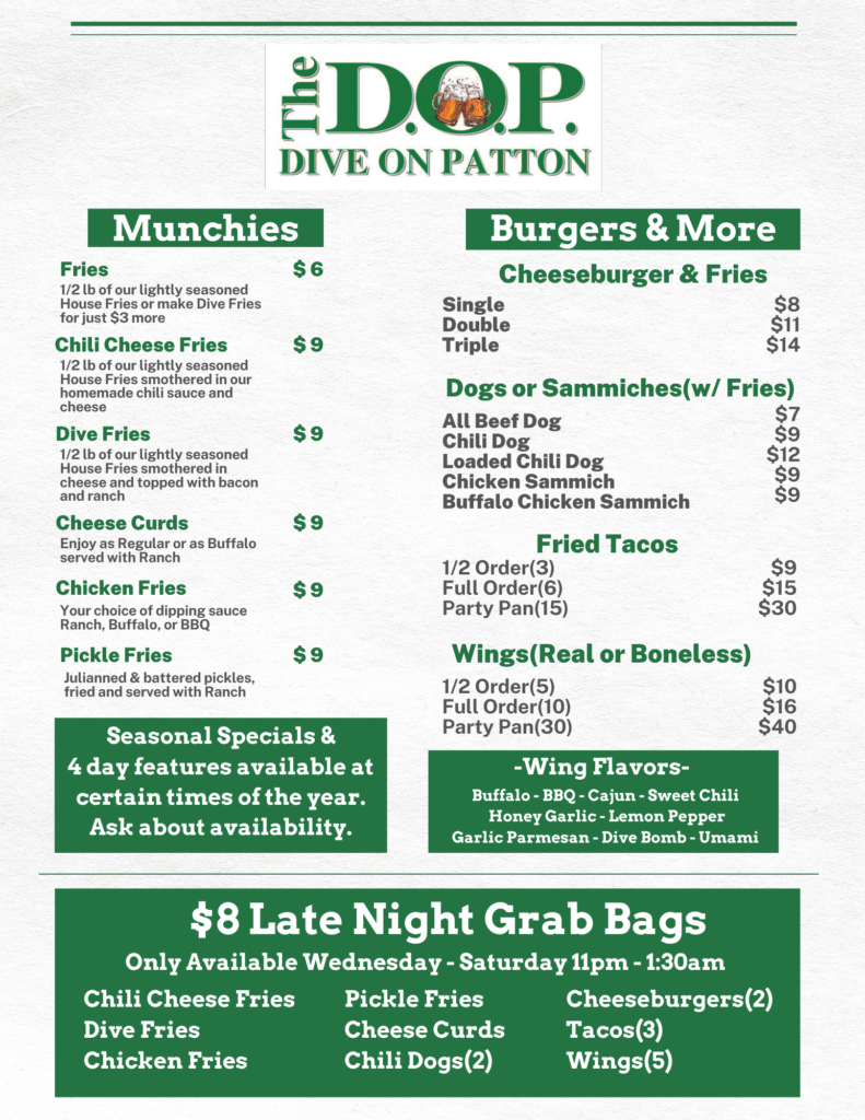 The Dive On Patton Menu