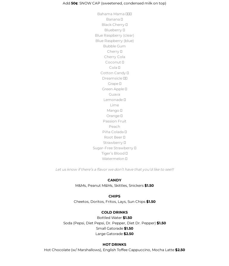 Maui’s Shaved Ice Menu