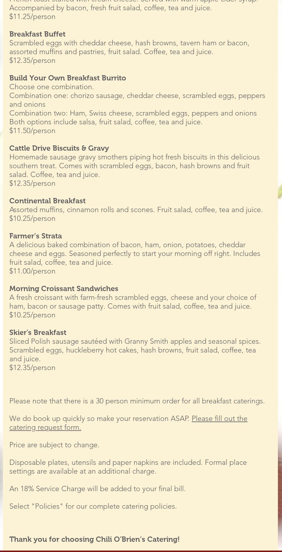 Chili O'Briens Catering Menu