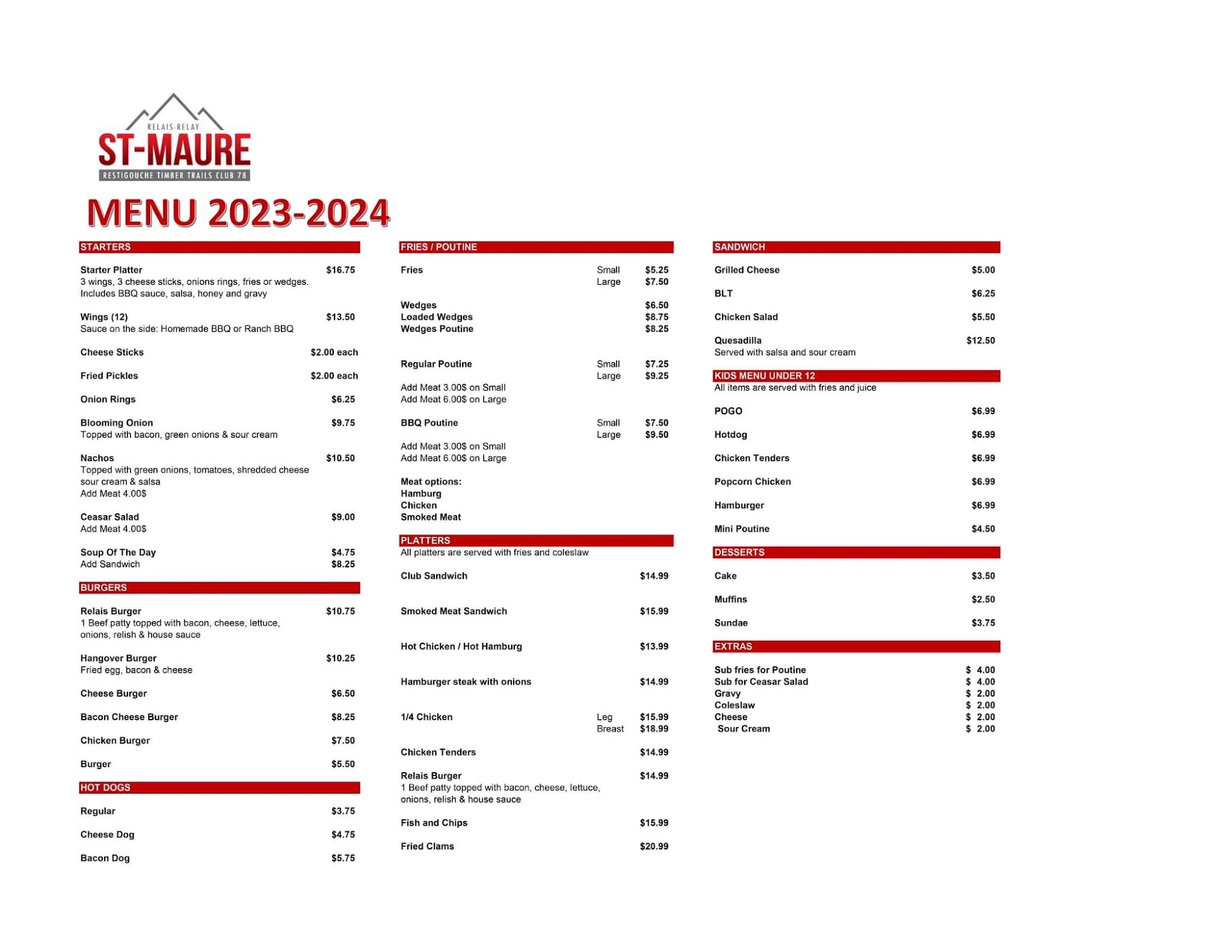 Relais St-Maure Relay Inc Menu