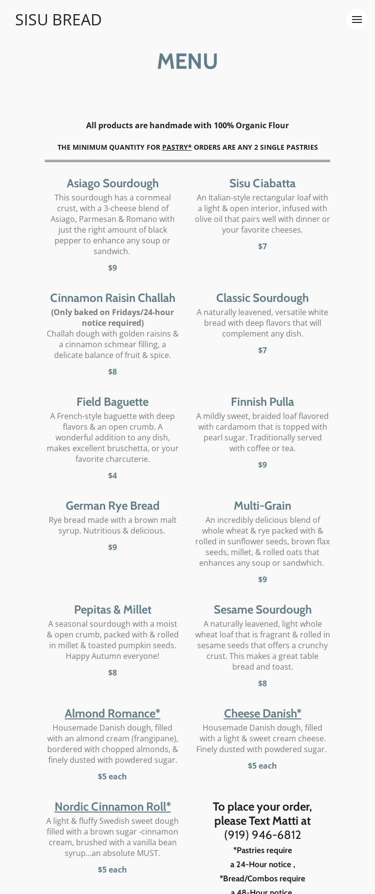Sisu Bread Menu