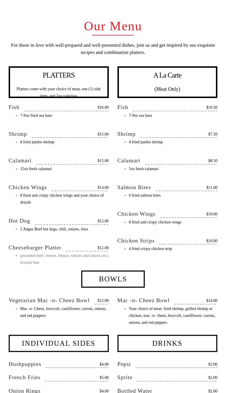 Designer Eats Menu