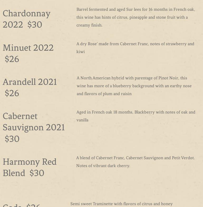 Adagio Vineyards Menu
