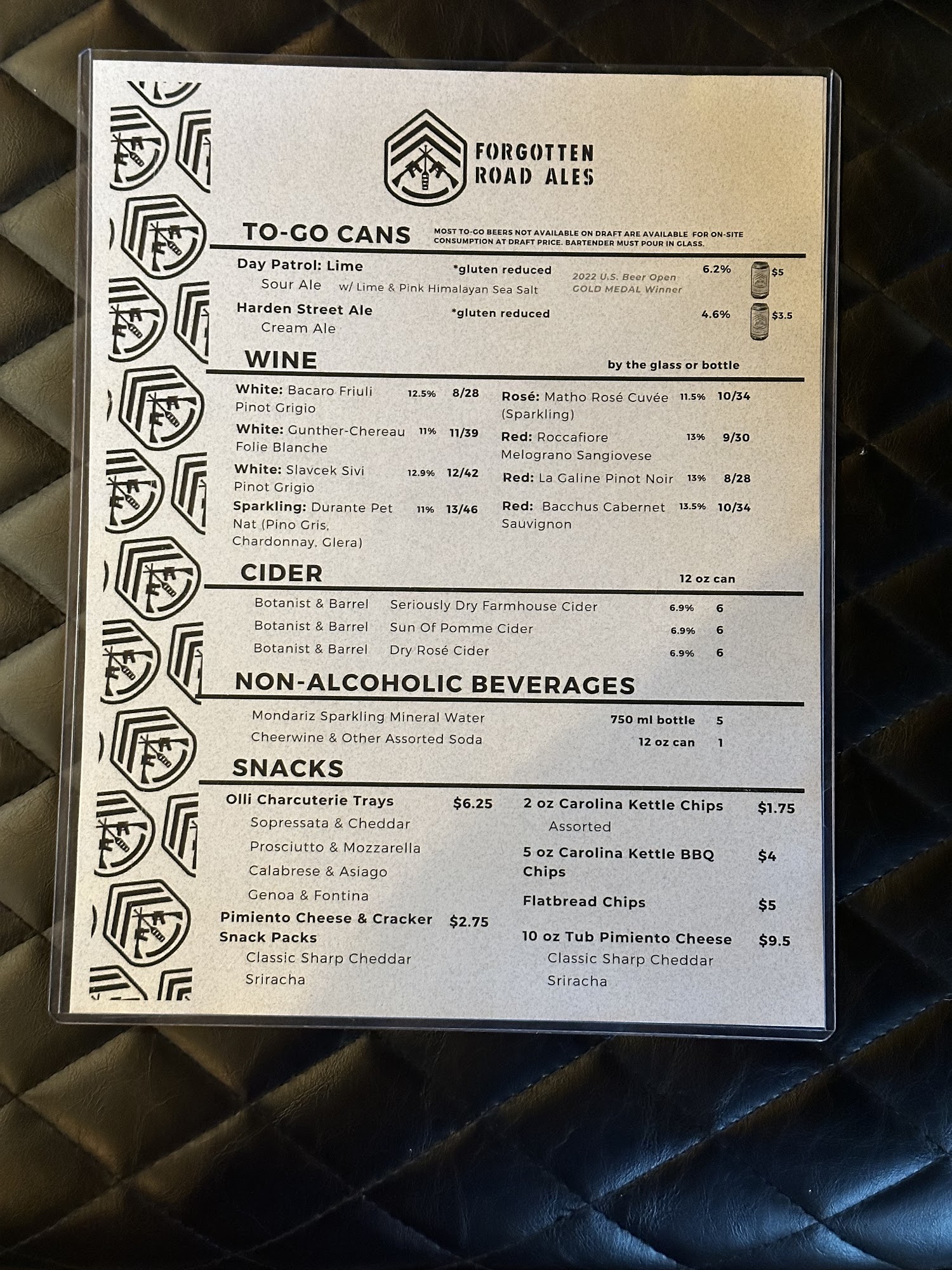 Forgotten Road Ales GSO Menu