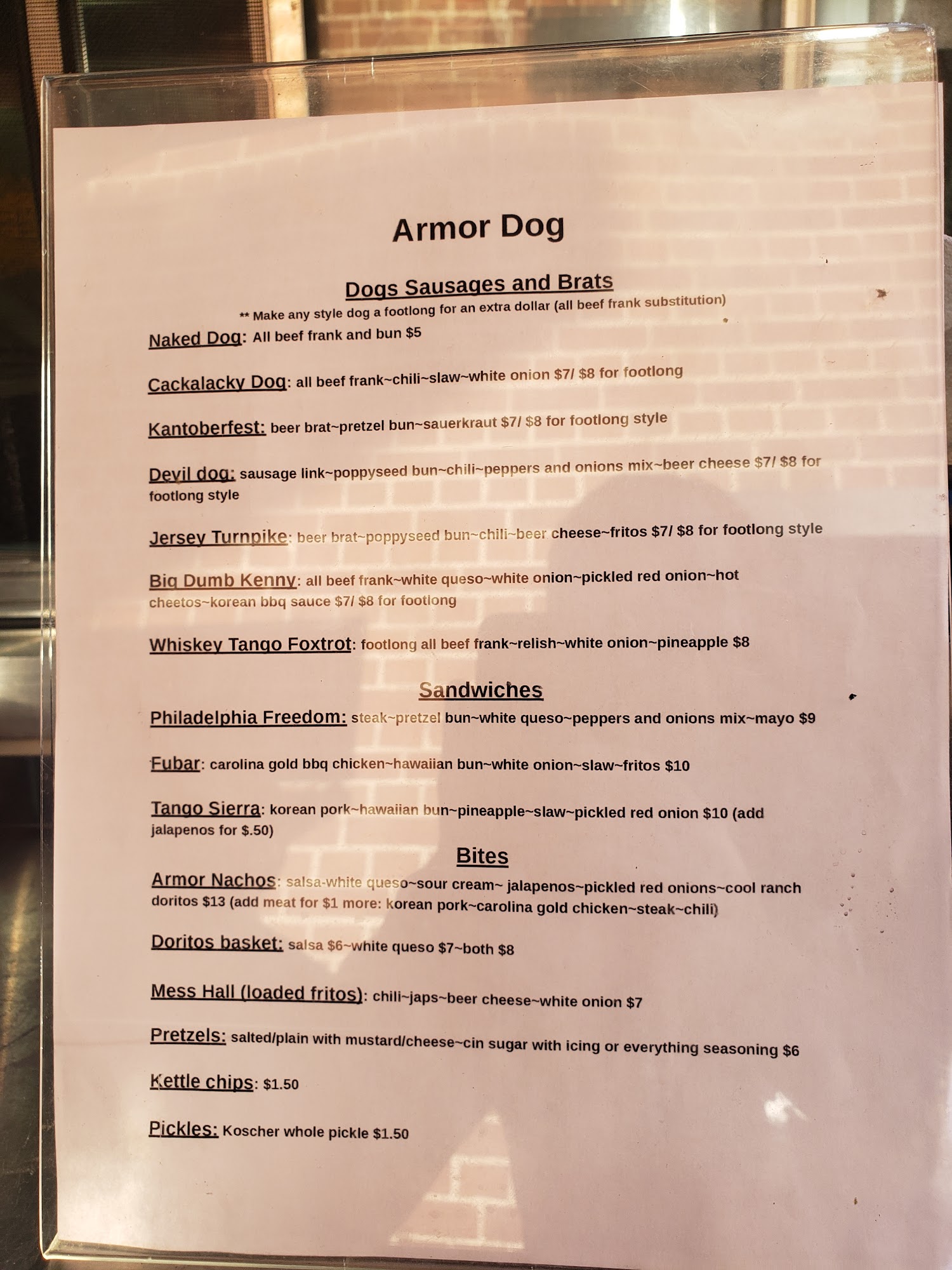 Armor Dog Menu