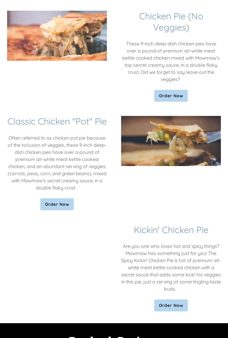 Mawmaws chicken pies Menu