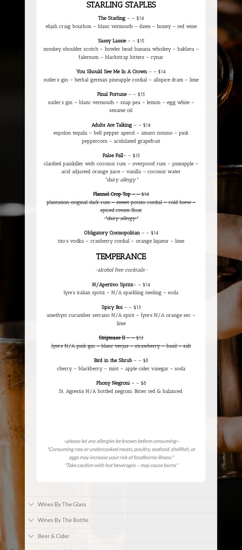 The Starling Bar Menu