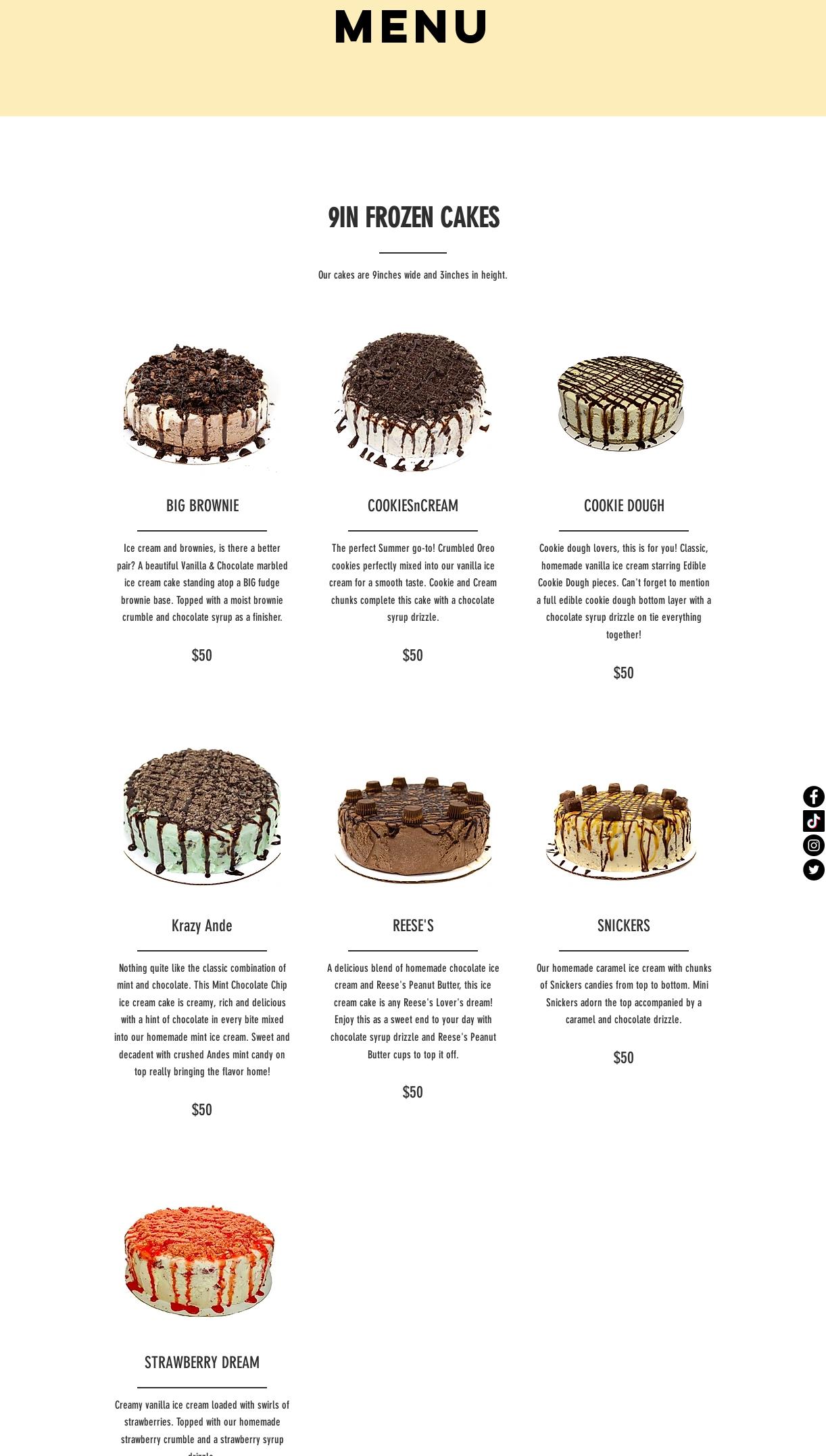 D&D Frozen Cakes Menu