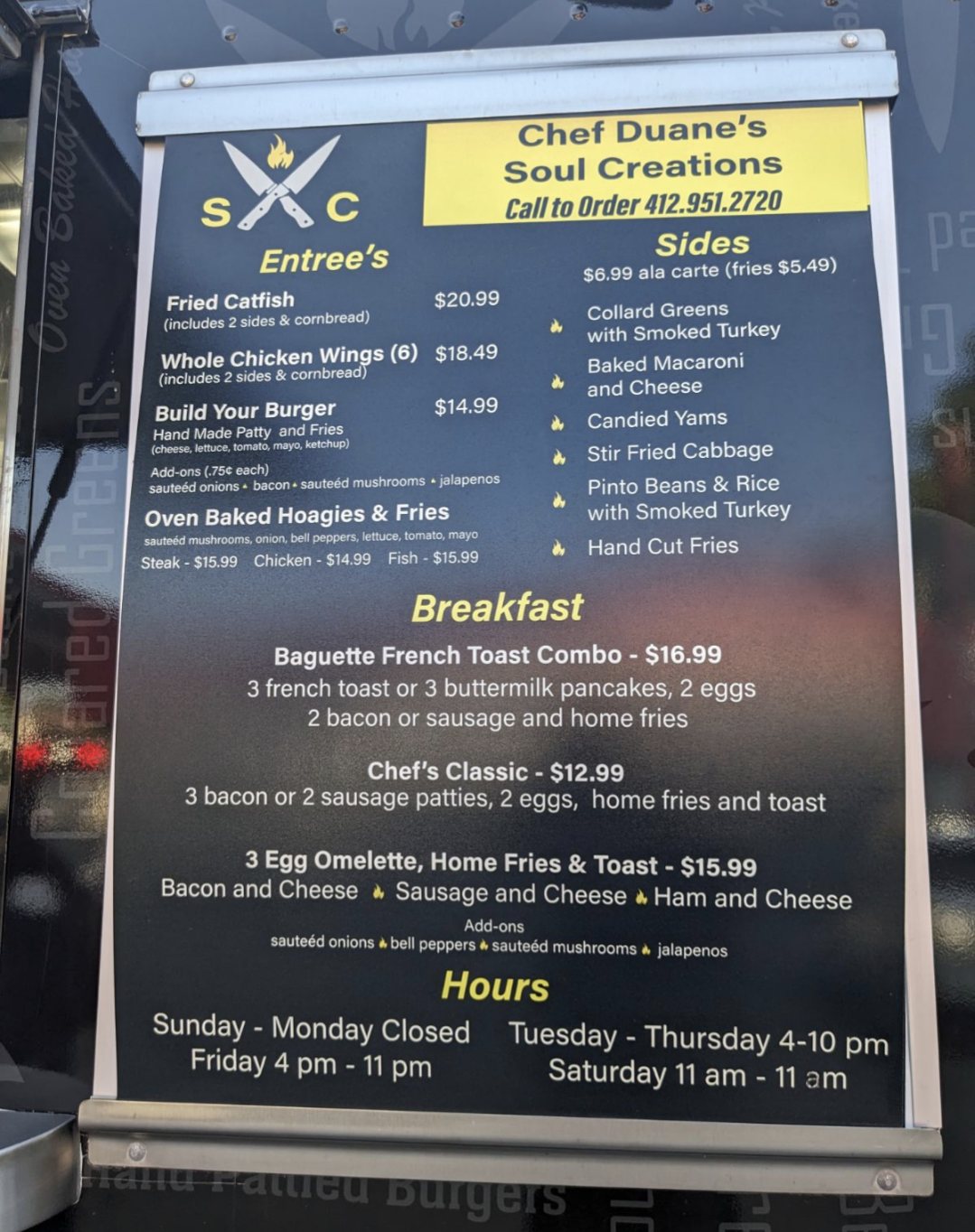 Chef Duane's Soul Creations Menu