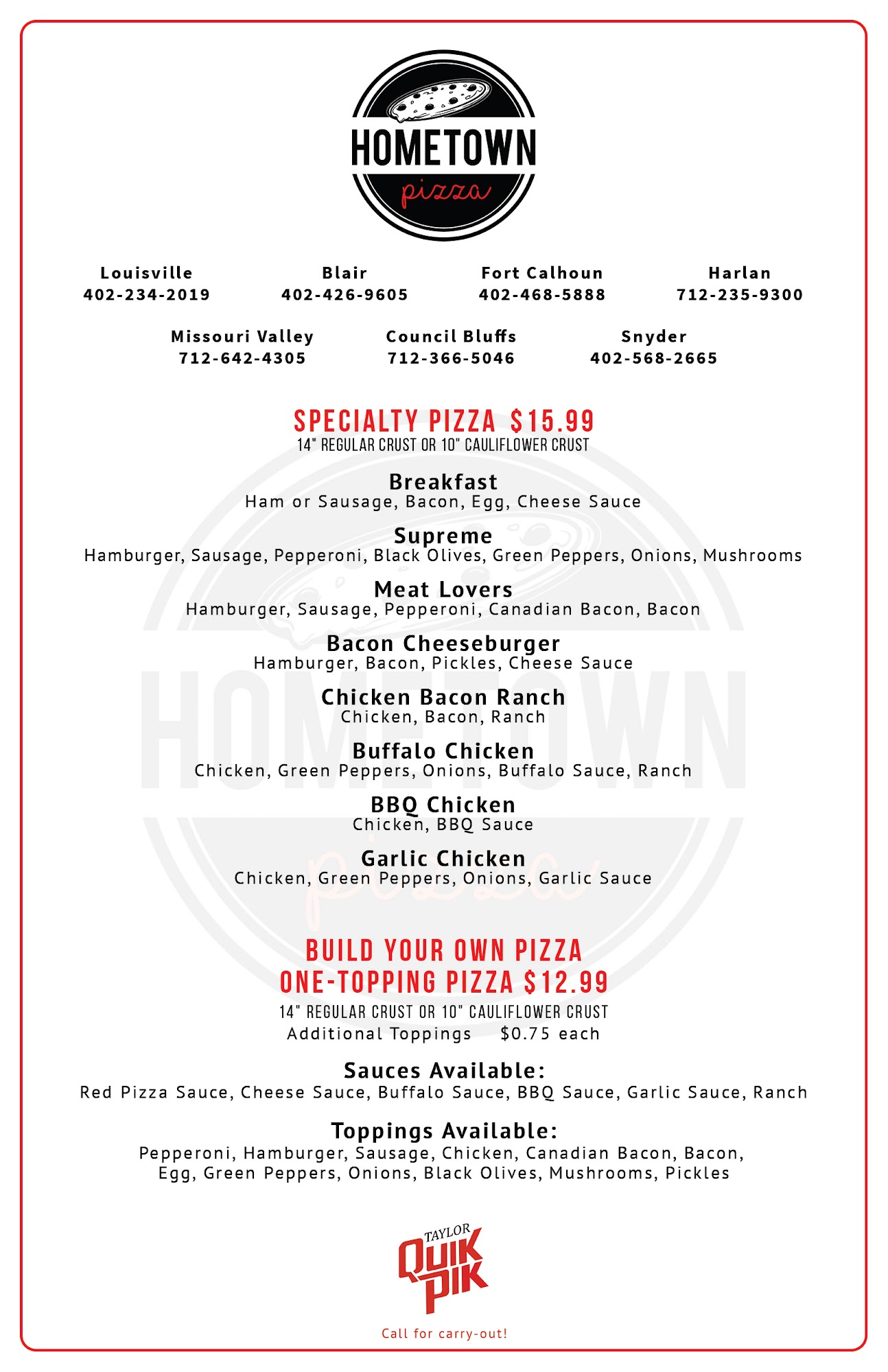 Hometown Pizza Menu
