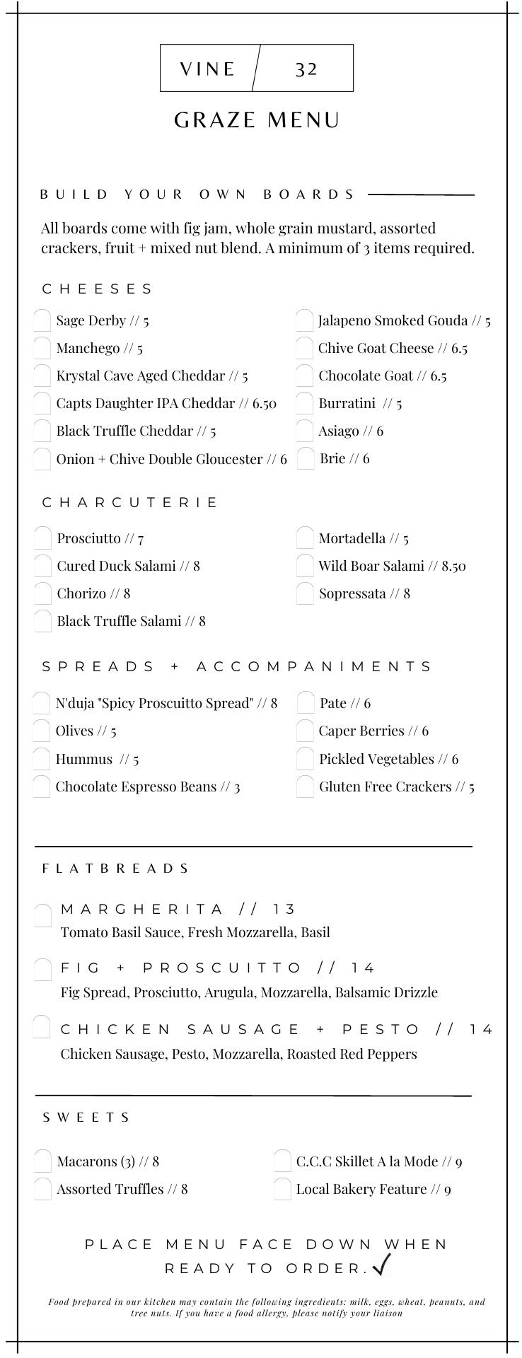Vine 32 Wine + Graze Bar Menu