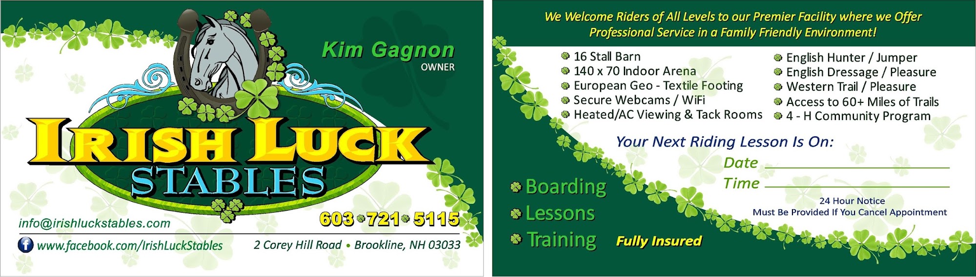 Irish Luck Stables, LLC 2 Corey Hill Rd, Brookline New Hampshire 03033