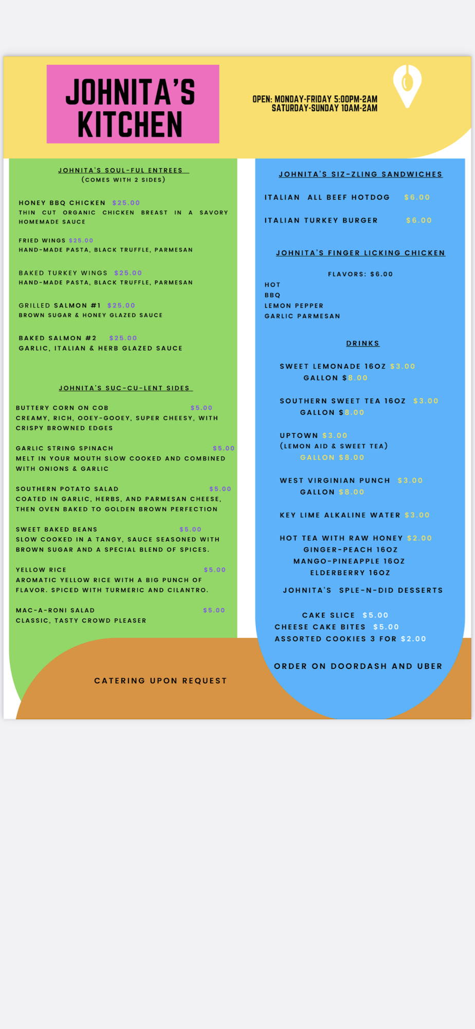 Johnita’s Kitchen Menu