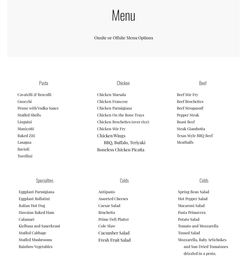 Bella Casa Caterers Menu