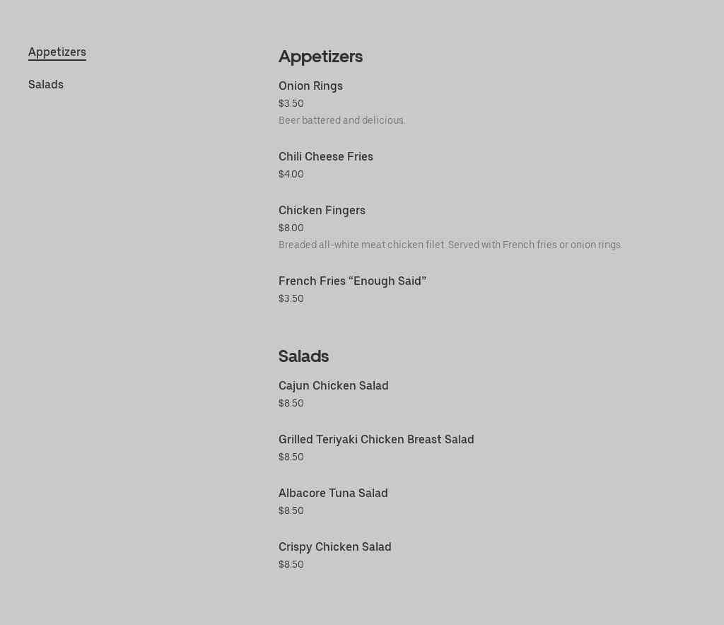 D J's Bar & Grill Menu