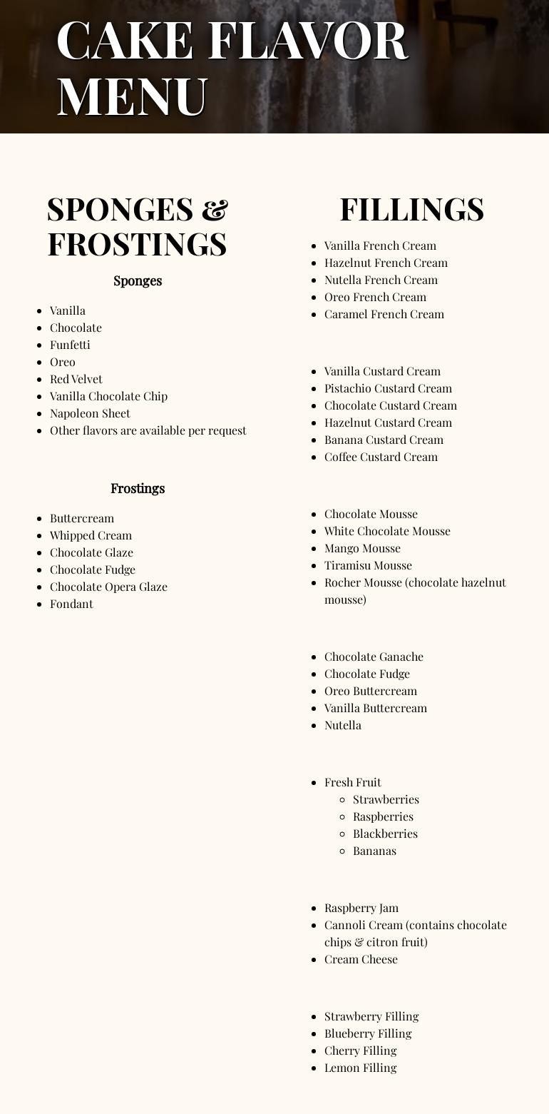 Brunos Bakery NYC Menu