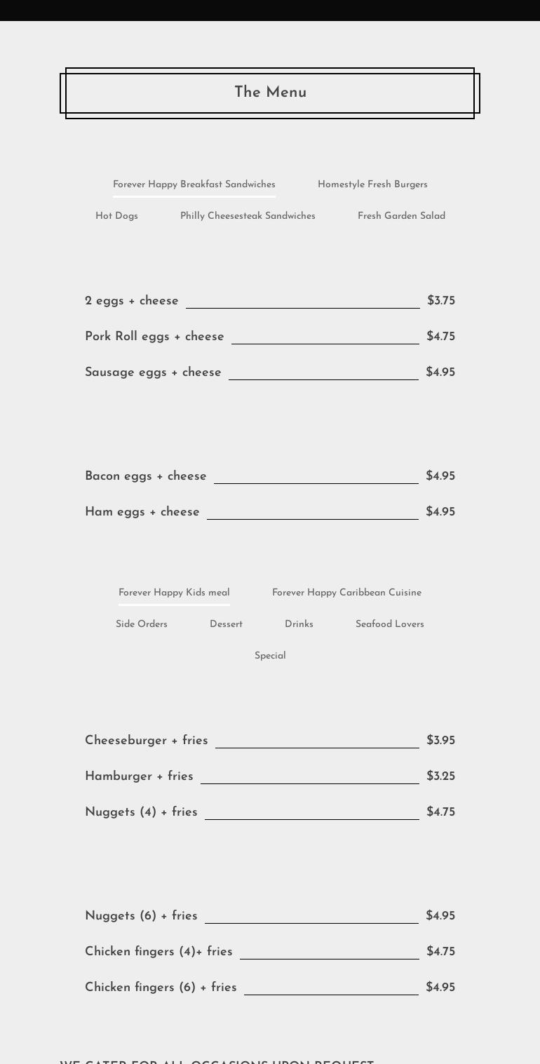 Elite Forever Happy Kitchen Menu