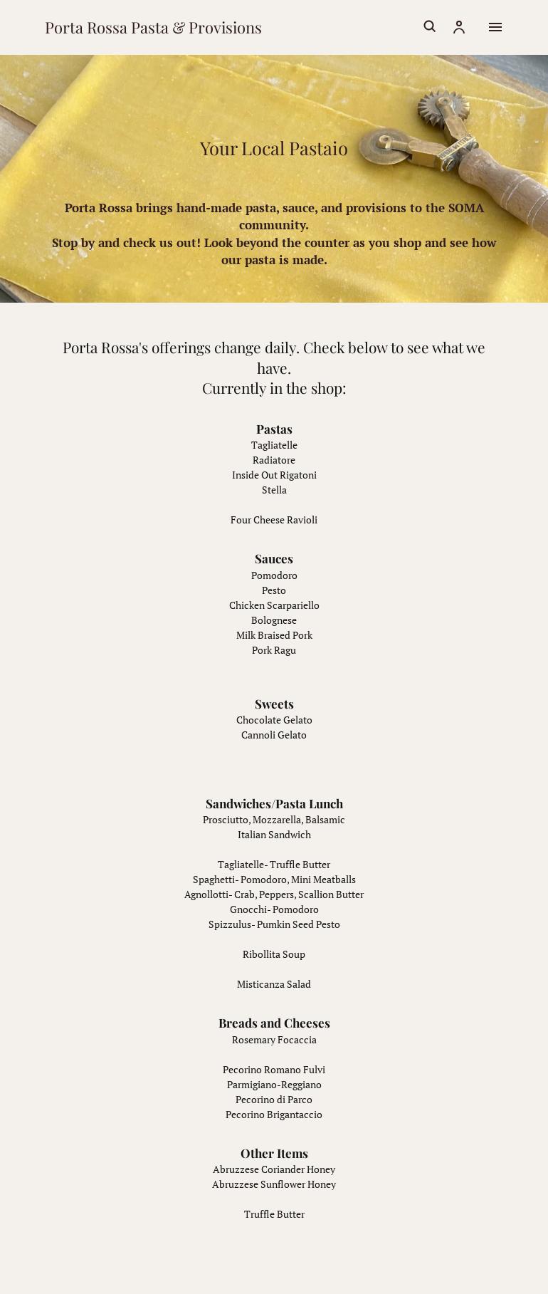 Porta Rossa Pasta & Provisions Menu