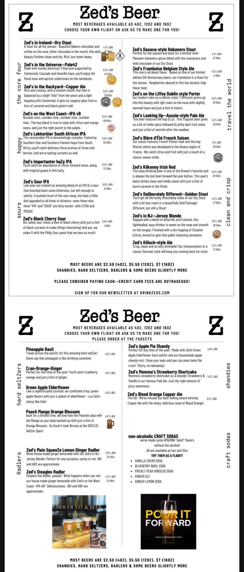 Zed's Beer Menu