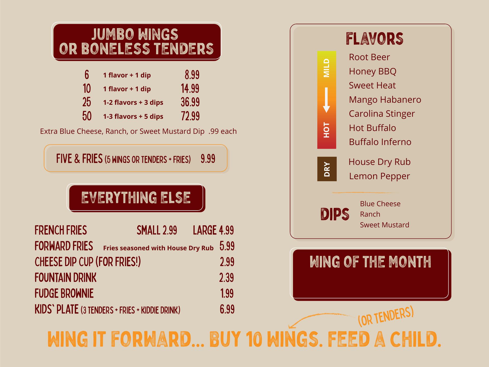 Wing It Forward Menu