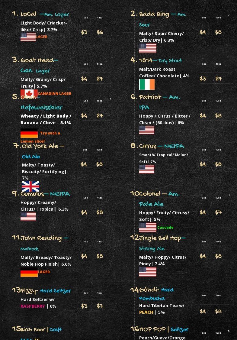 READINGTON BREWERY Menu