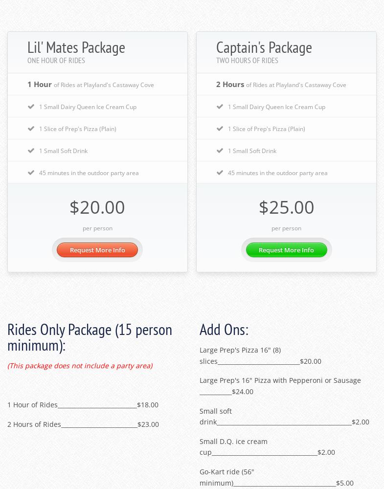 Playland's Castaway Cove Menu