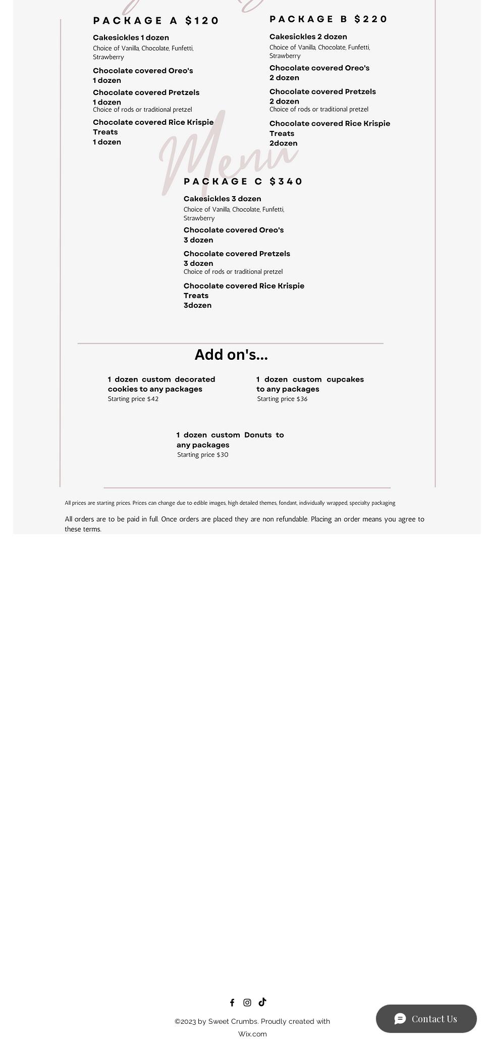 Sweet Crumbs Menu