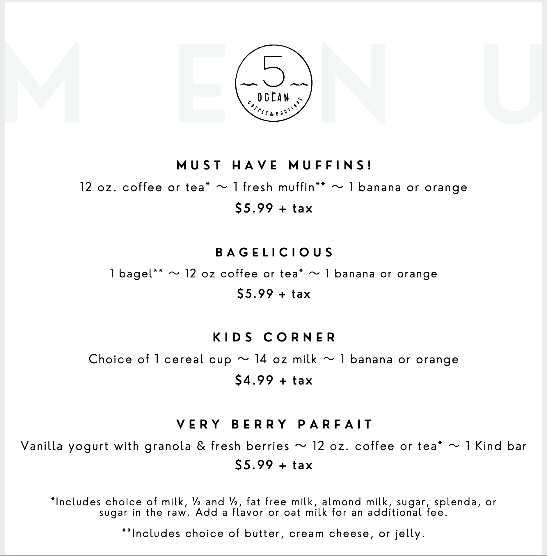 5 Ocean Coffee & Boutique Menu
