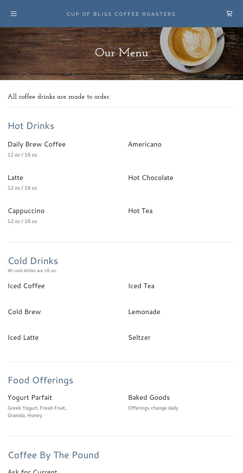 Cup of Bliss Coffee Roasters Menu