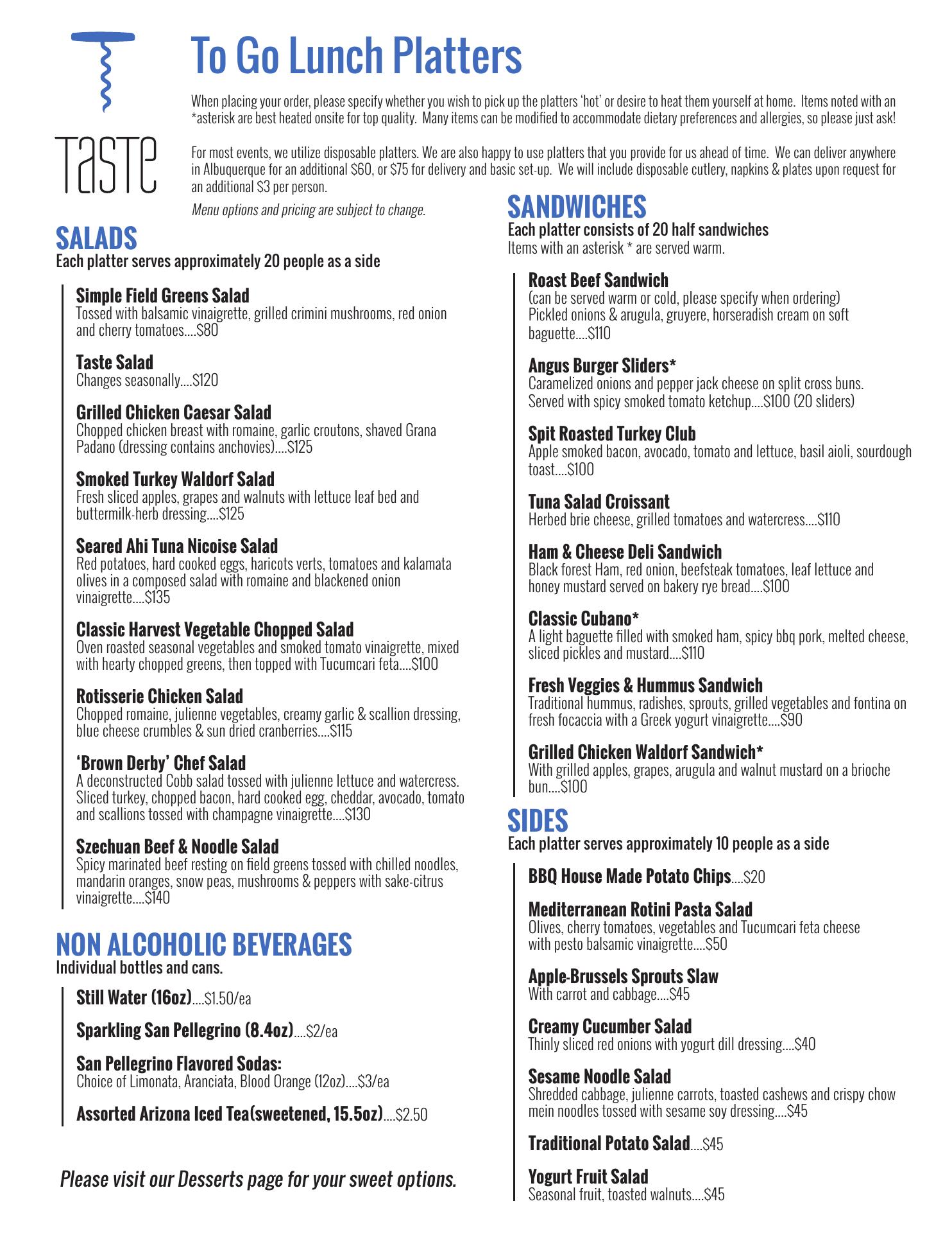 Taste Catering Albuquerque Menu