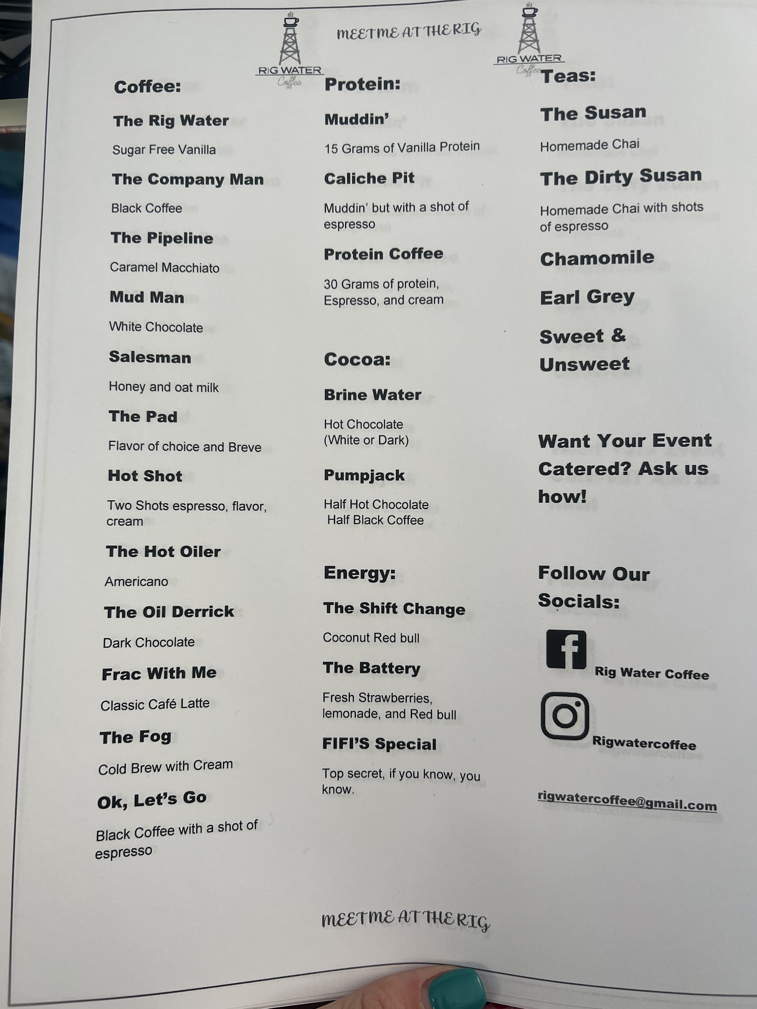 Rig Water Coffee Menu