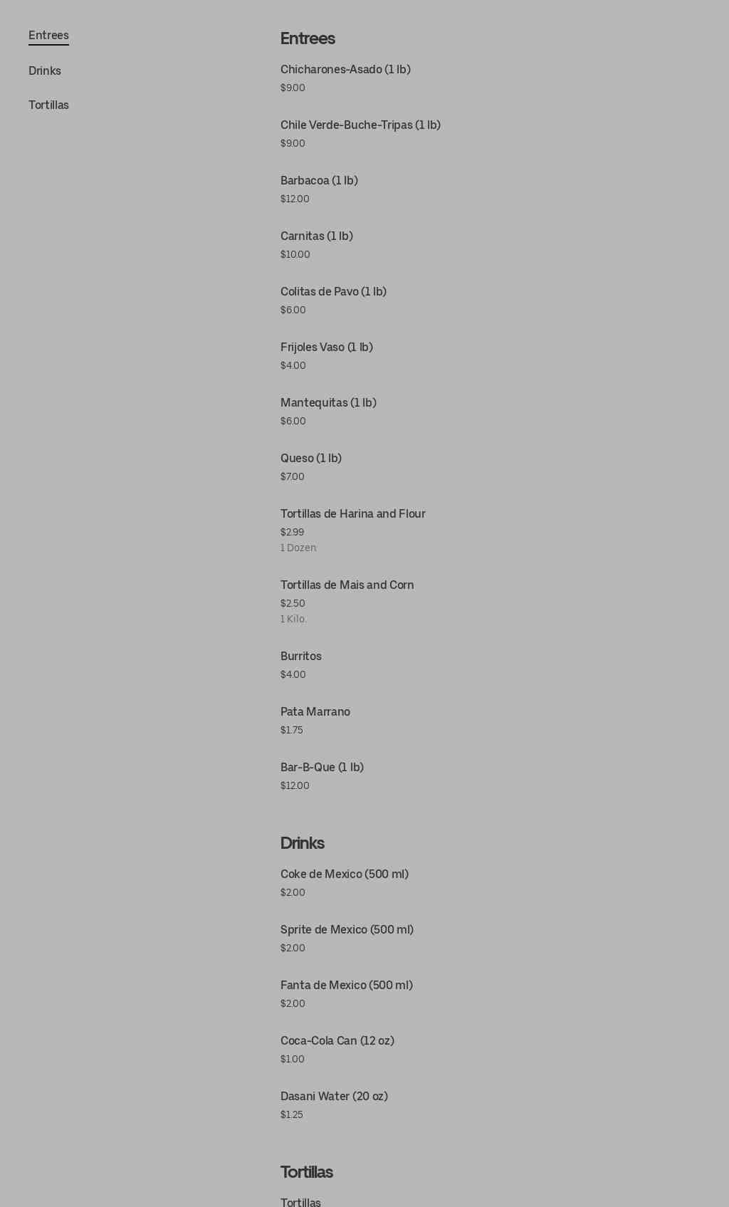 La Mexicana Tortilleria Menu