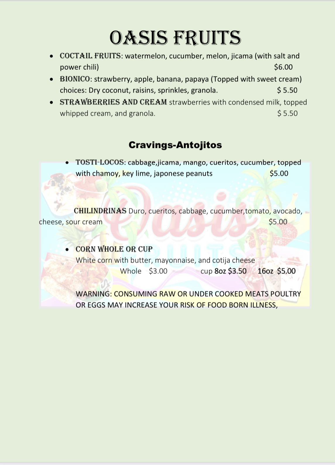 Oasis fruits Menu