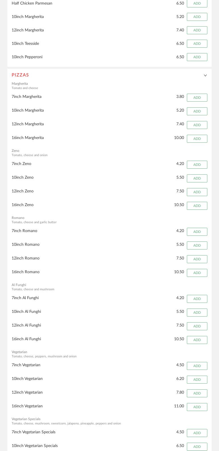 Mario's Pizzeria Menu