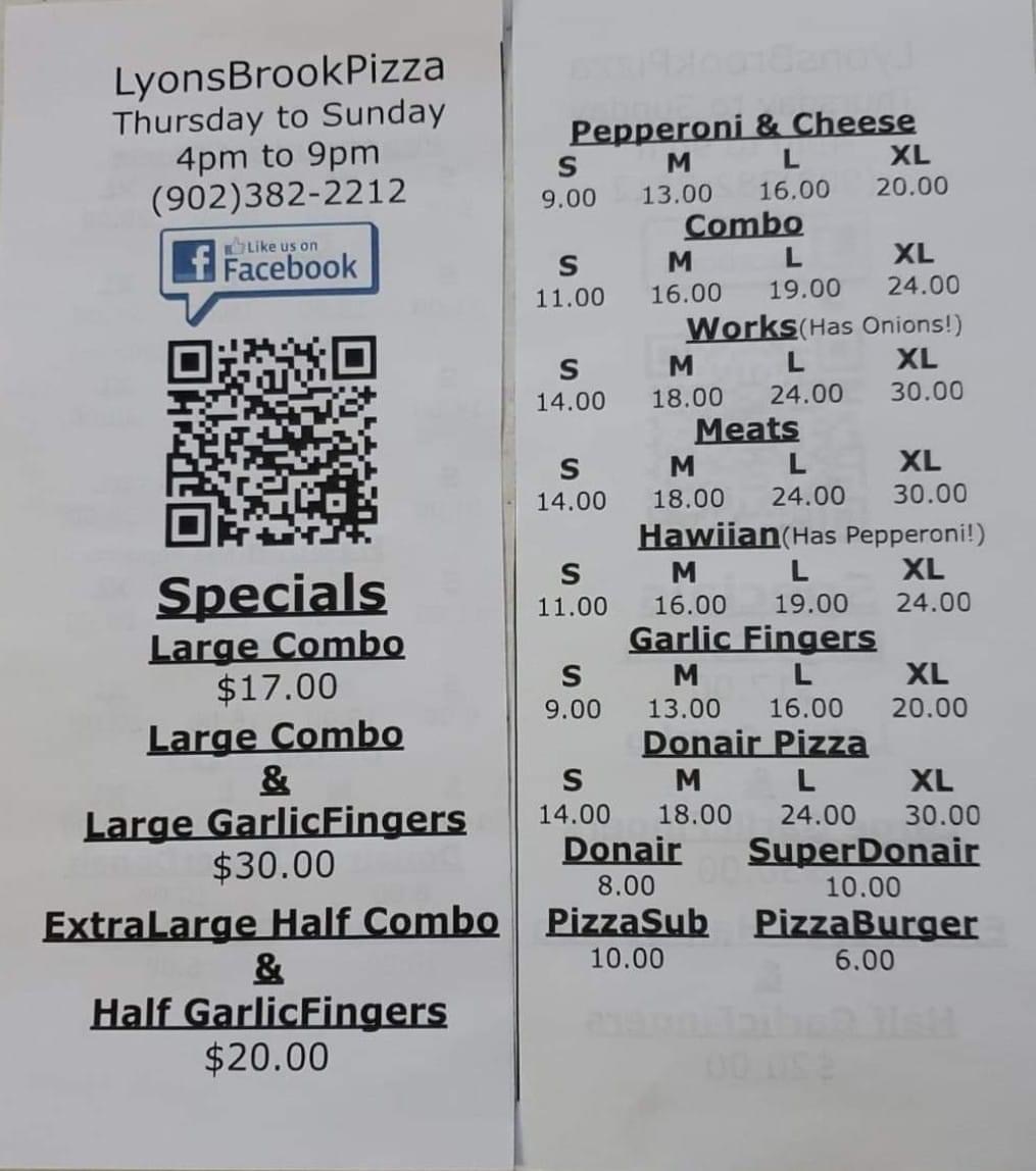 Lyons Brook Pizza Menu