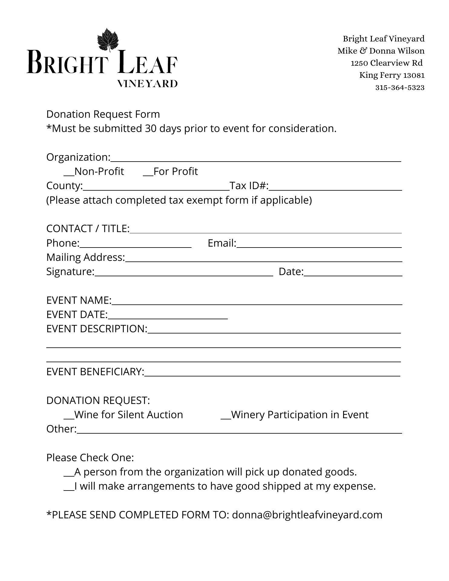 Bright Leaf Vineyard Menu