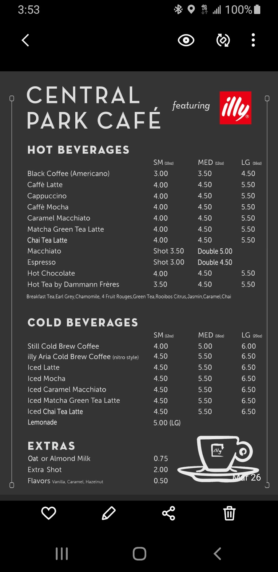 Central park cafe Menu