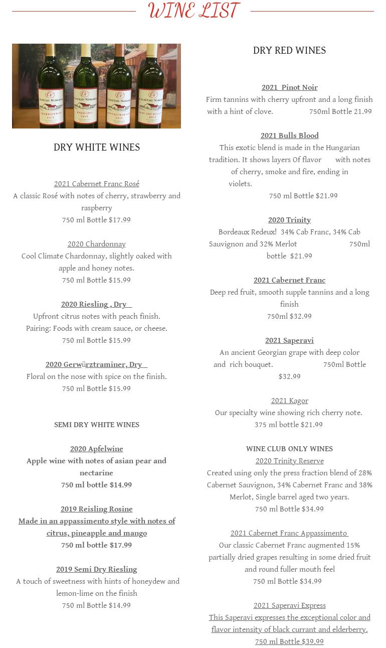 Chateau Niagara Winery Menu