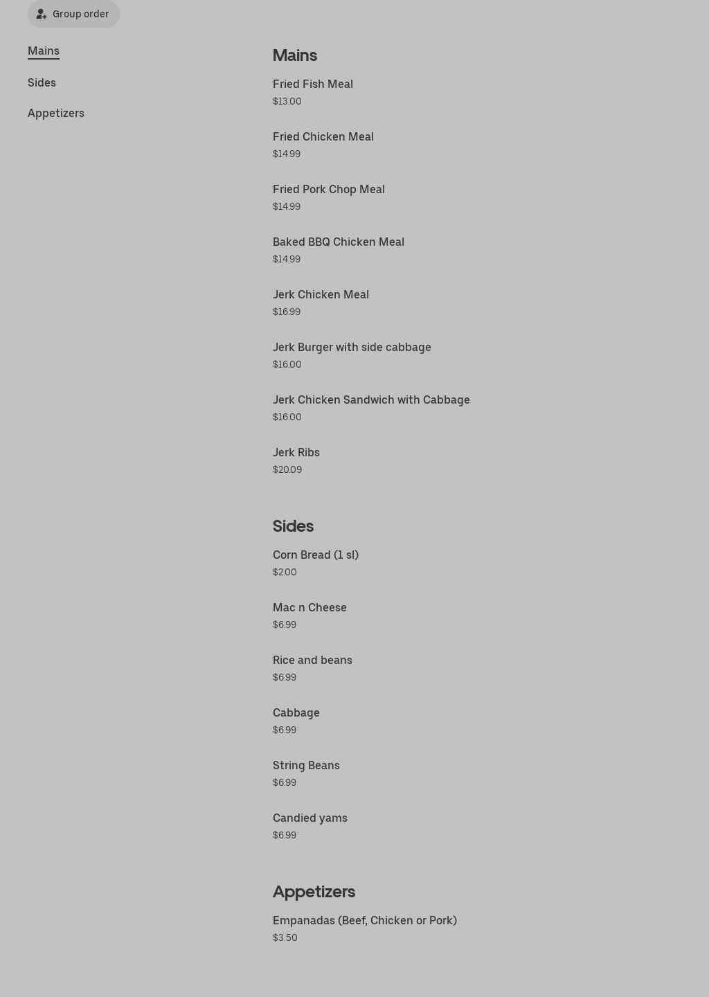 Yani’s Food Sensation Menu