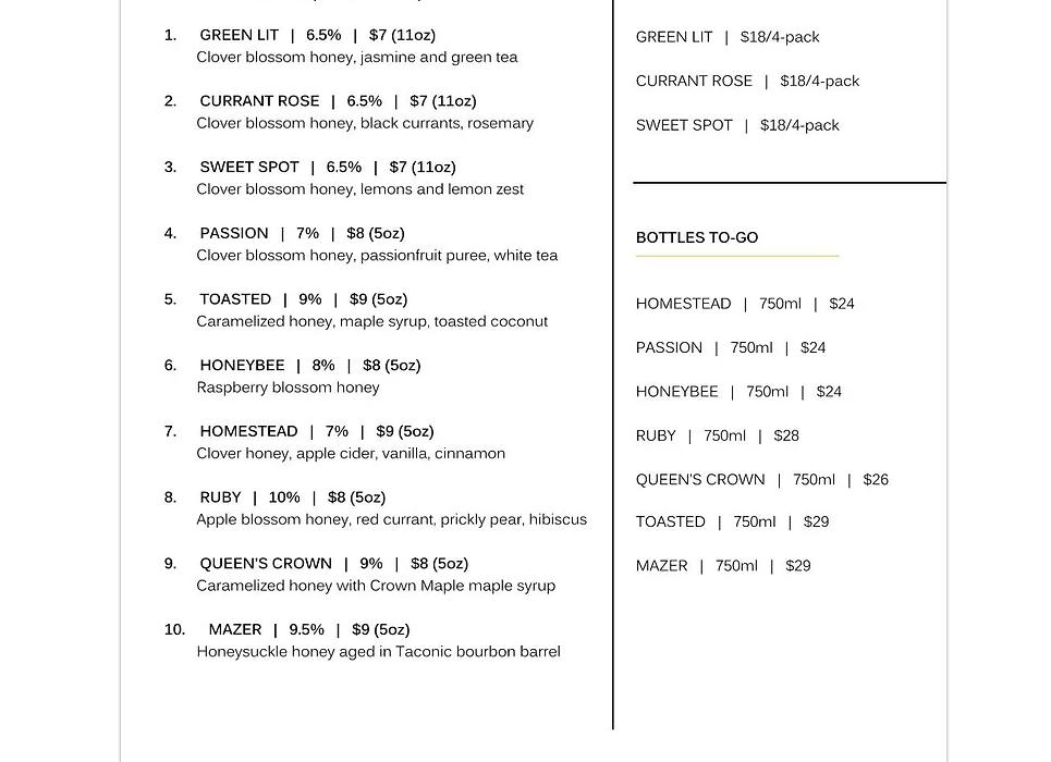 Slate Point Meadery Menu