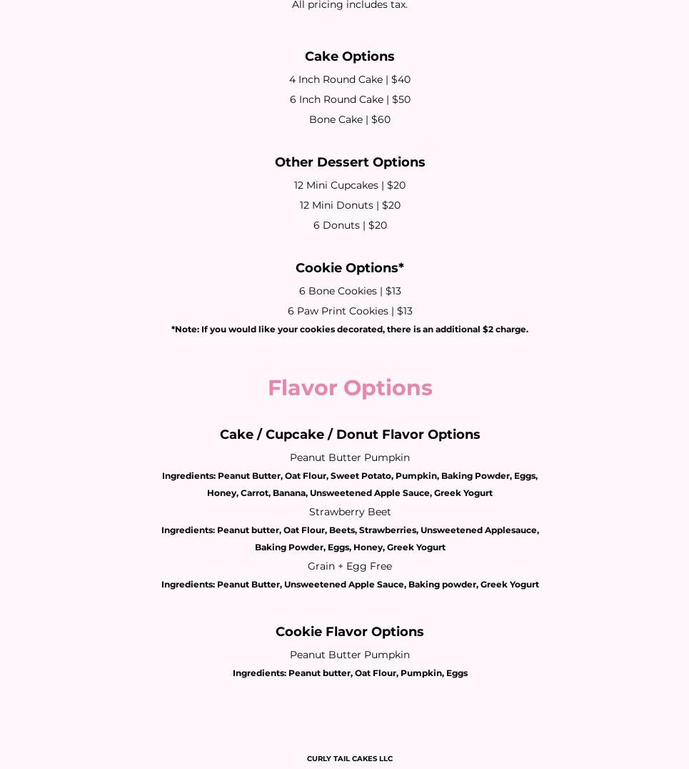 Curly Tail Cakes | Dog Bakery Menu