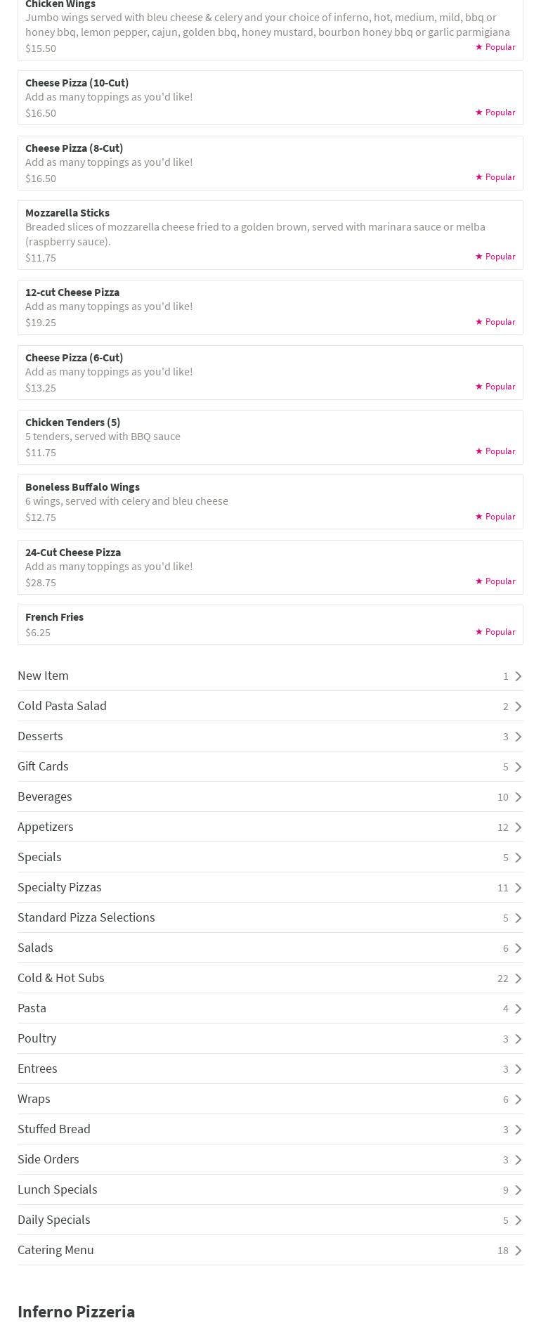 Inferno Pizzeria Menu