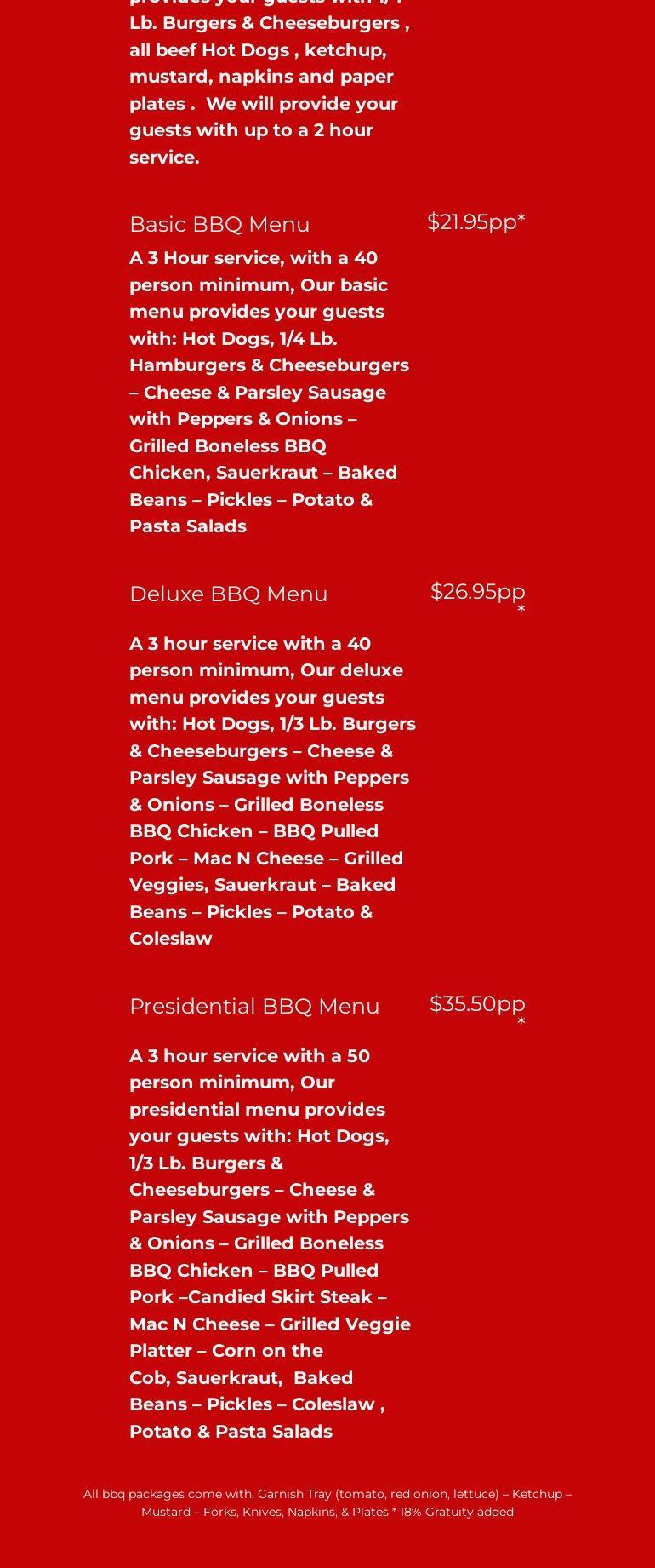 Johns Catering/ Event Rentals Menu