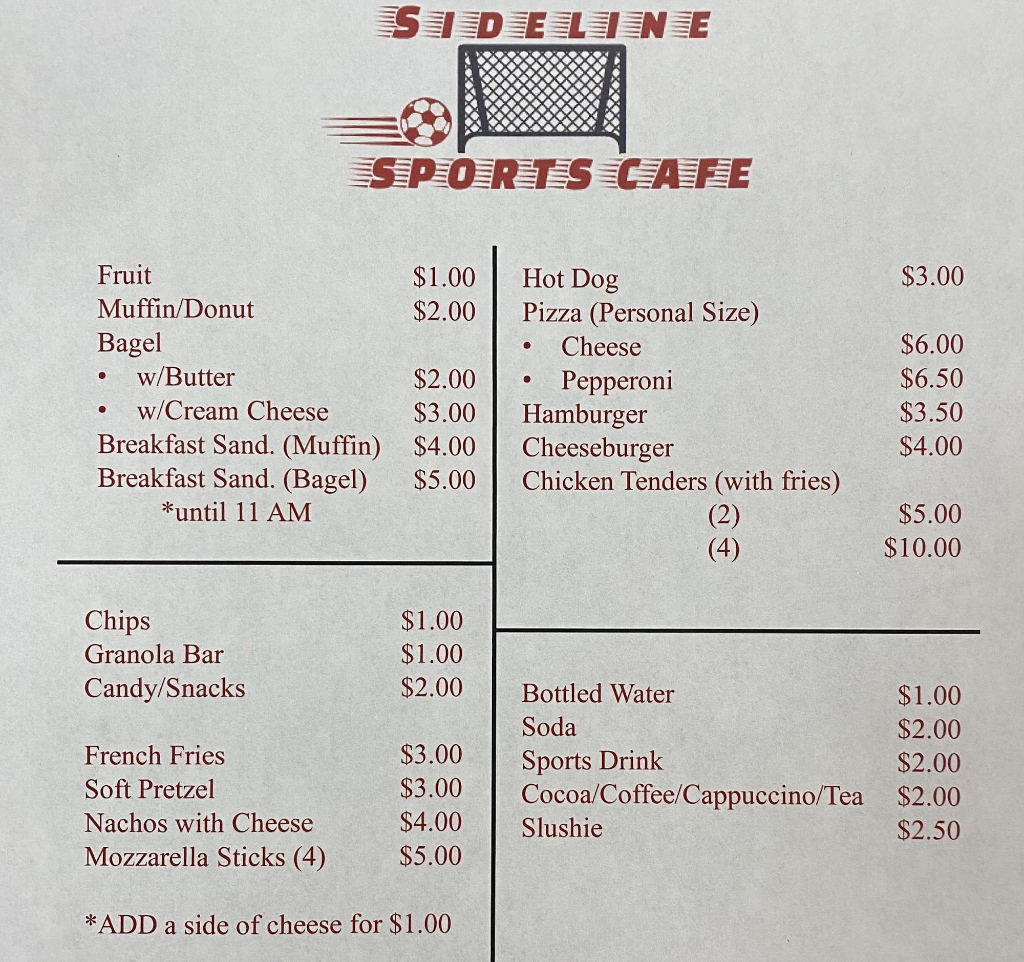 Sideline sports cafe Menu