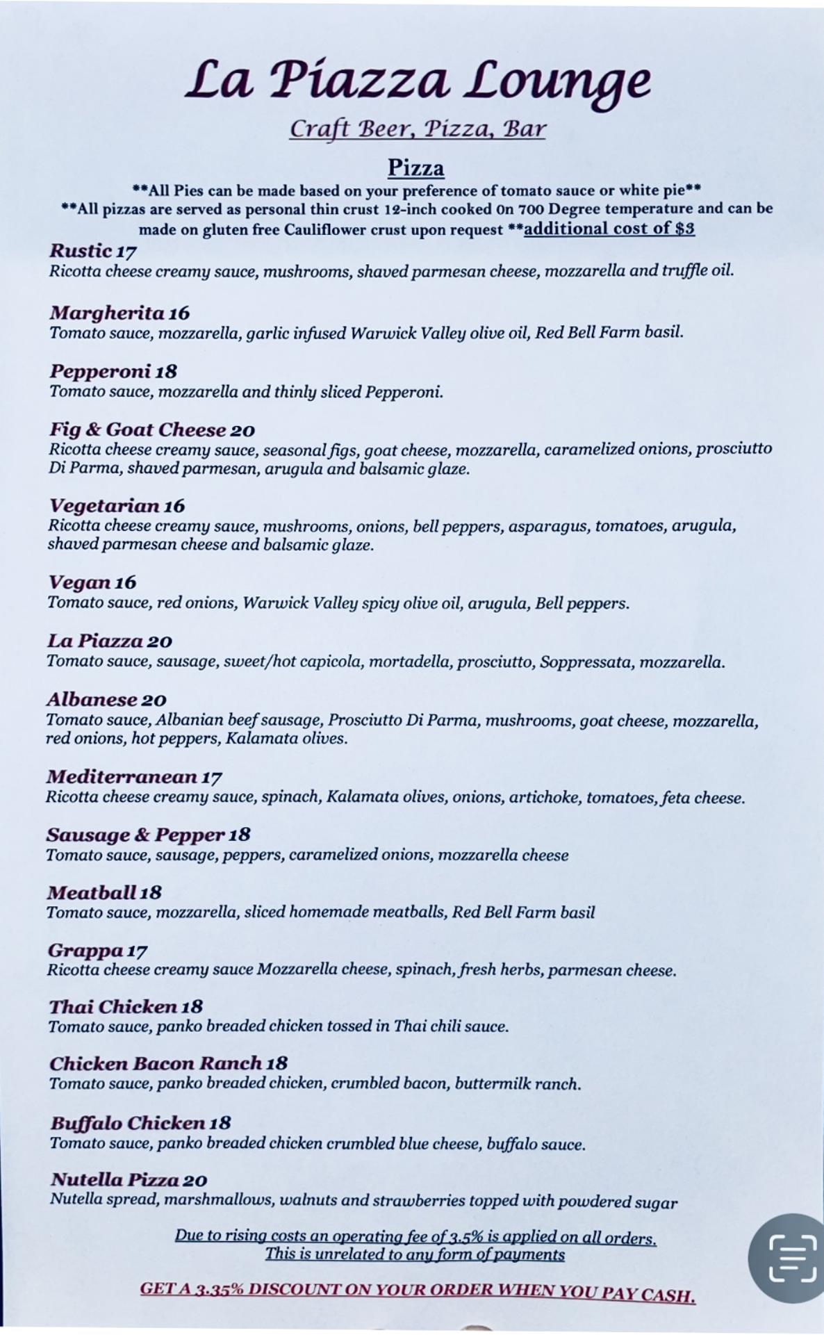 La Piazza Café, Craft Beer, and Gourmet Pizza Restaurant Menu