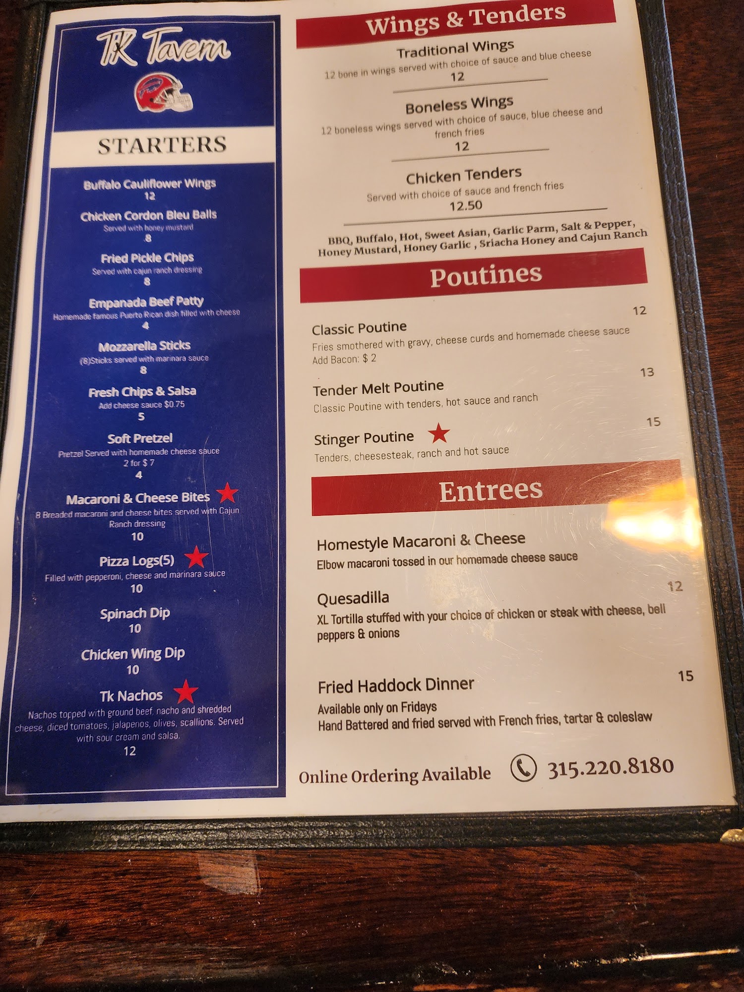 TK Tavern Waterloo Inc Menu