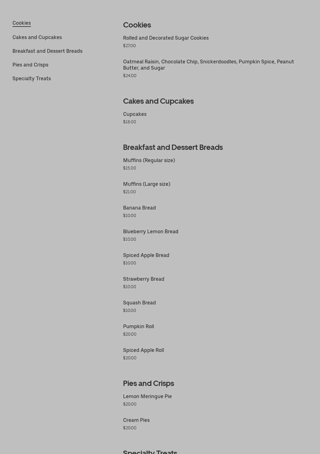 The Happy Little Baker Menu